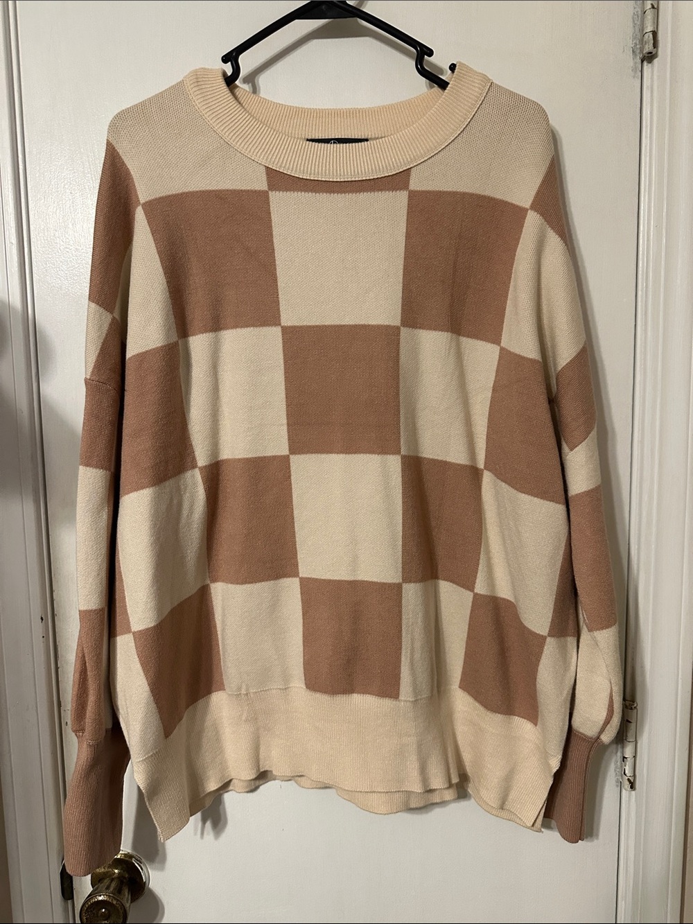 Checkerboard Knit Sweater in Cream & Camel